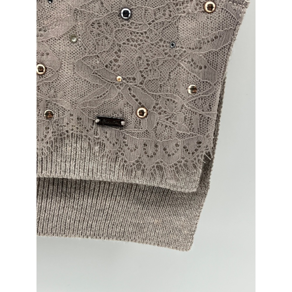 Mayoral Taupe Knit Funnel Neck Sweater Vest Lace Rhinestone Hem Size M USA made - Picture 4 of 8